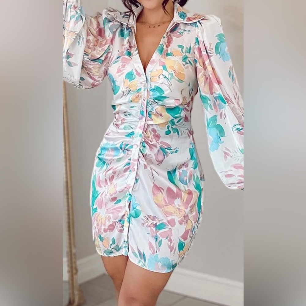 Flower satin shirt dress